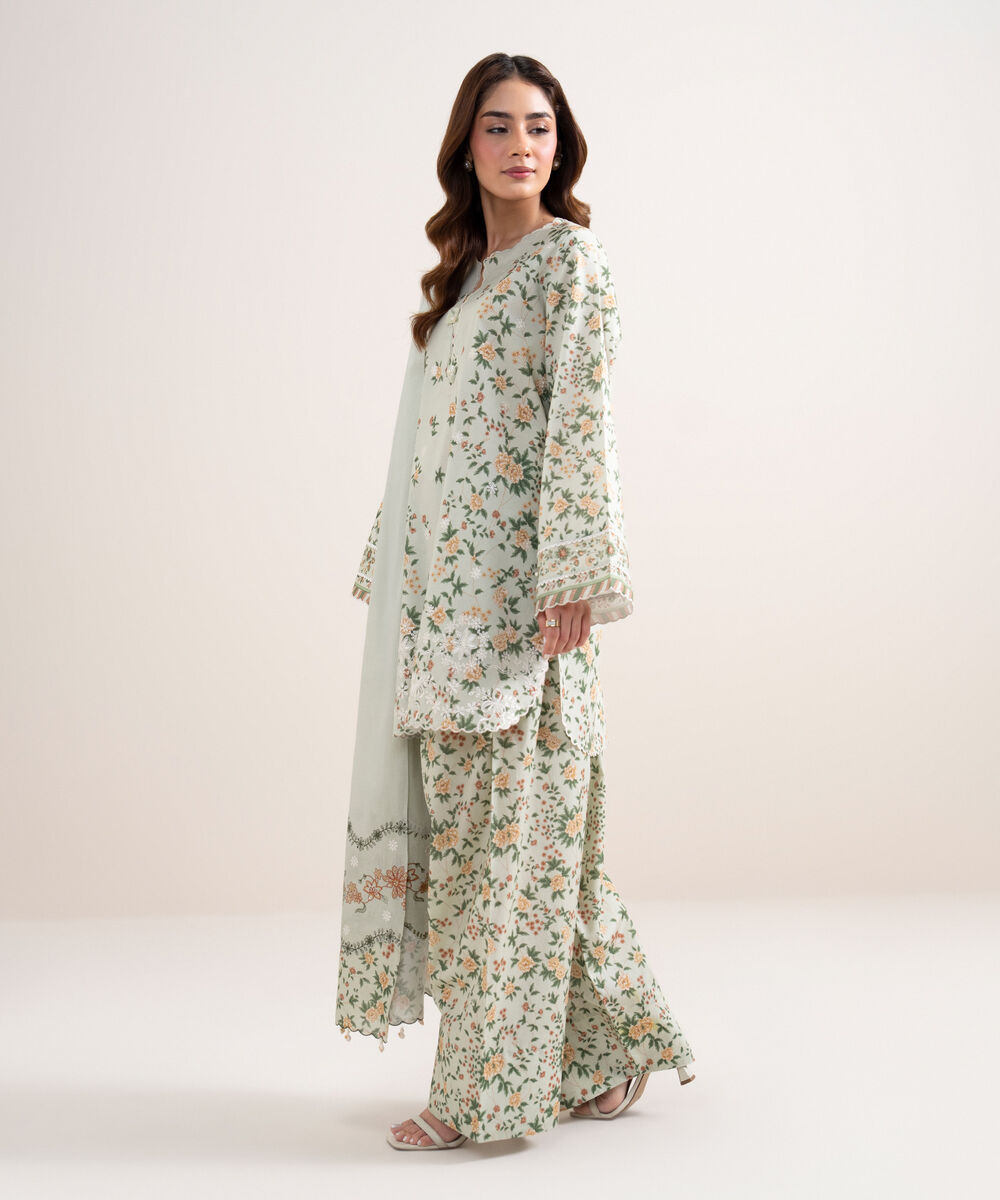 Women's Unstitched Lawn Embroidered Beige 3 Piece Suit