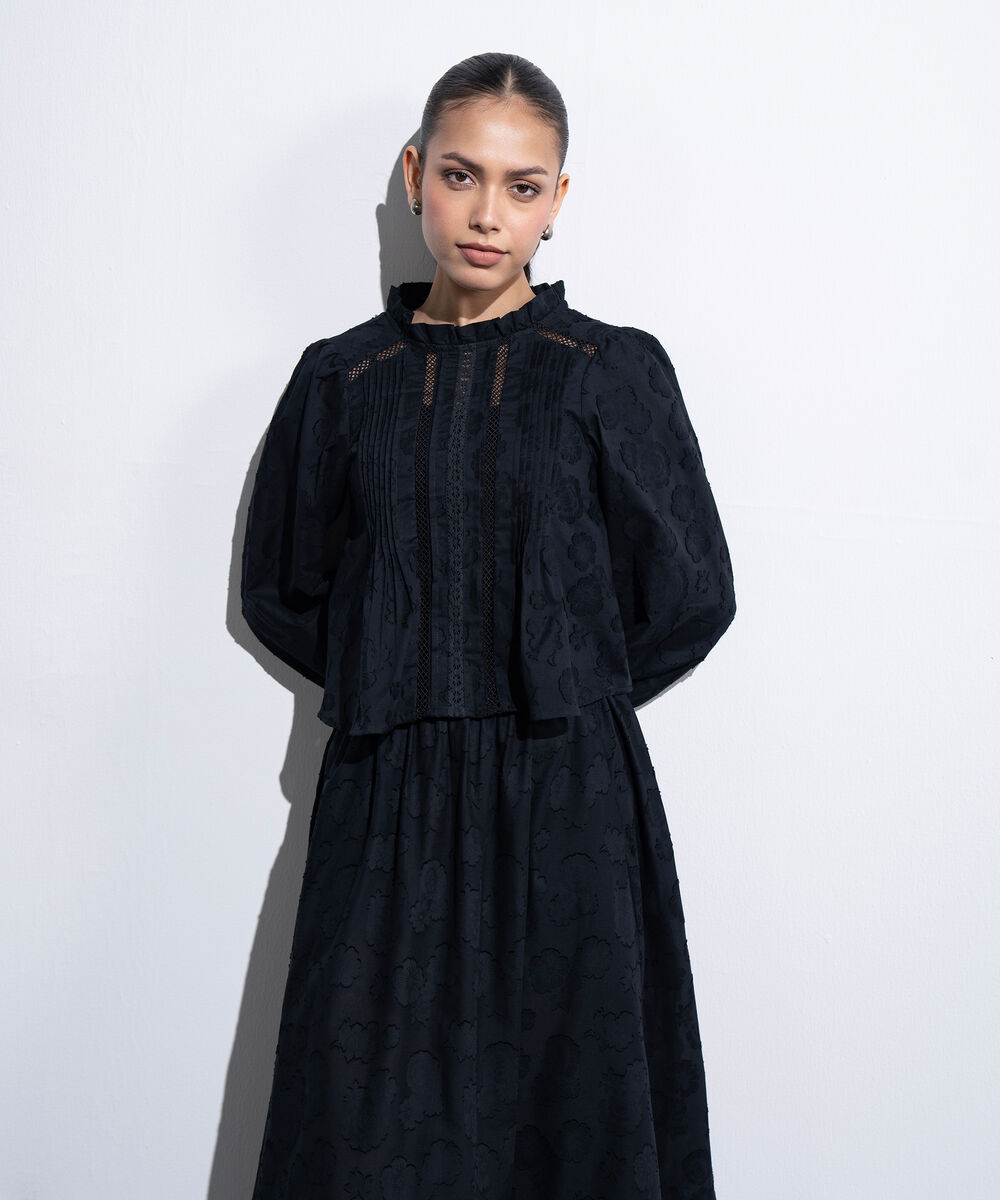 Women's Western Black Textured Blouse With Puffed Sleeves