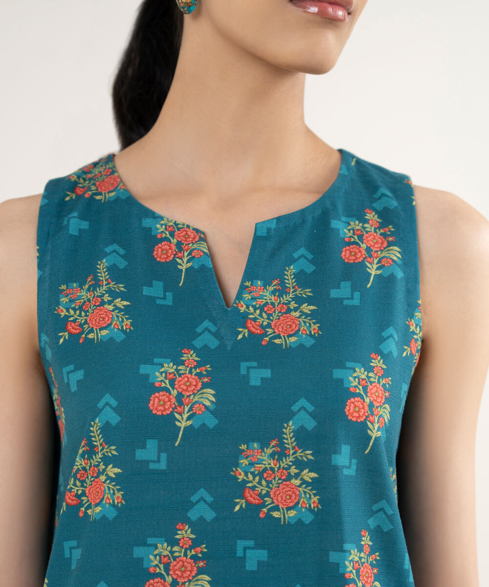 Women's Unstitched Printed Textured Cotton Blue 3 Piece Suit