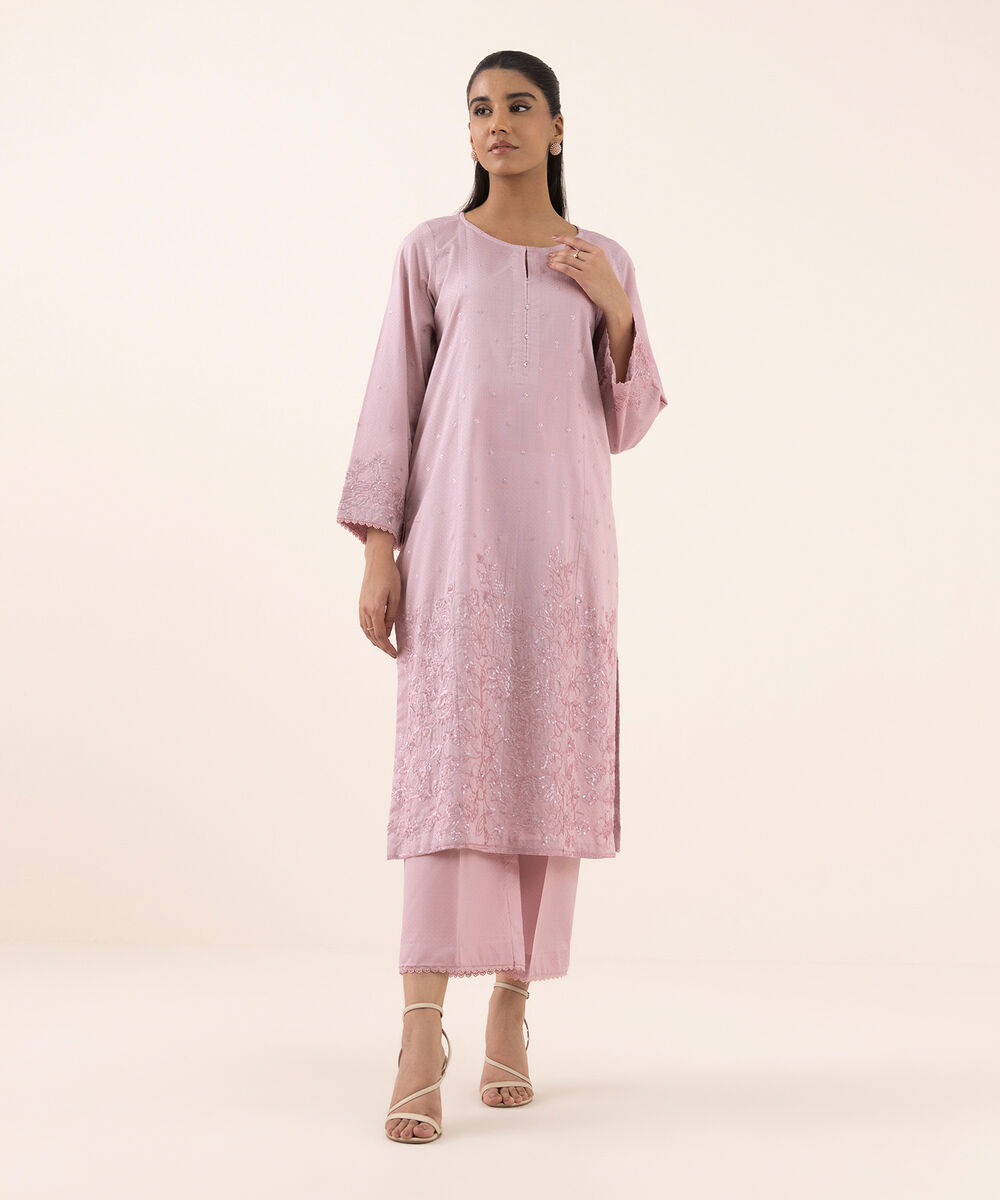 Women's RTW Dobby Pink Embroidered A-Line Shirt