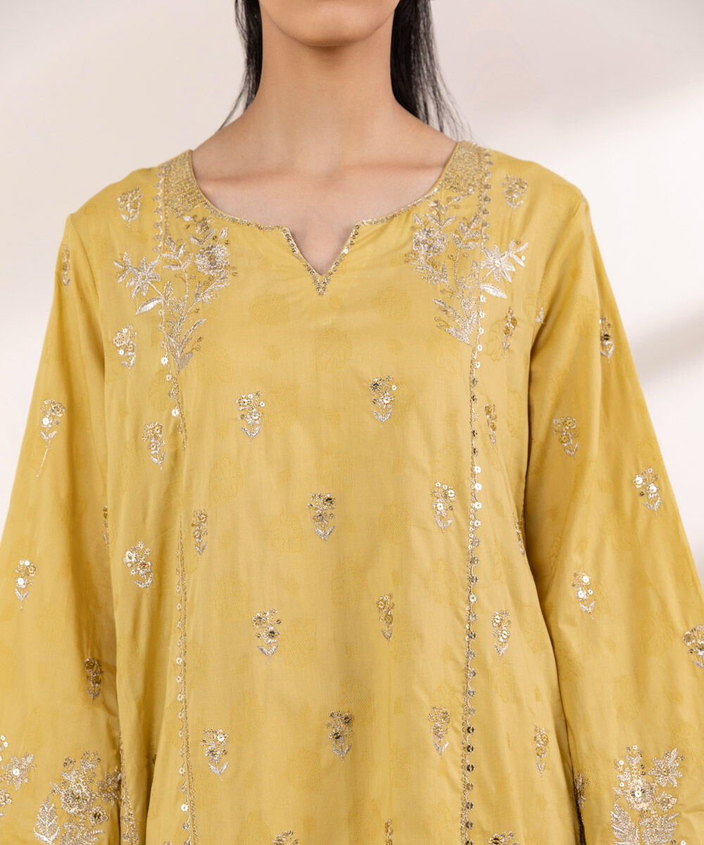 Women's RTW Cotton Jacquard Yellow Embroidered A-Line Shirt