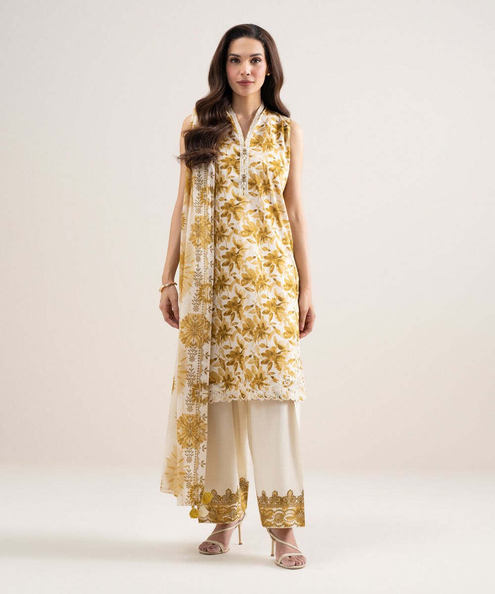 Women's Unstitched Lawn Embroidered Yellow and Off White 3 Piece Suit