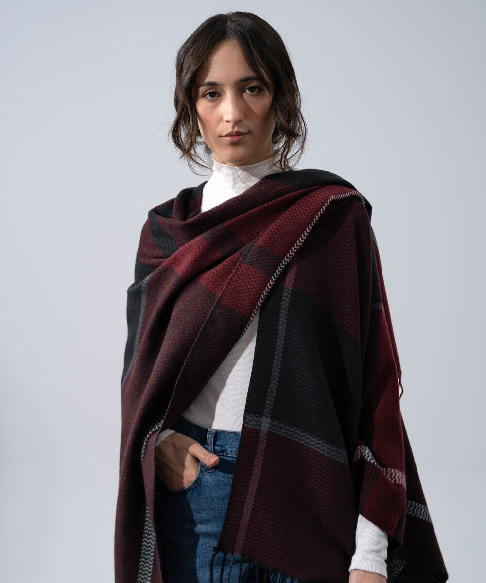Women's Western Wear Black And Maroon Polyester Striped Cape Shawl
