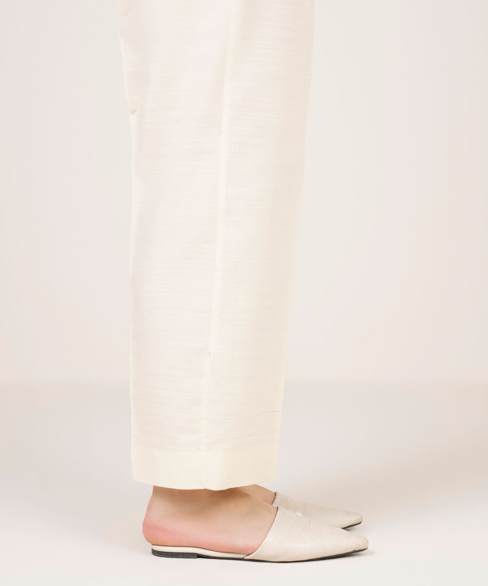 Women's RTW Khaddar Solid Off White Straight Pants