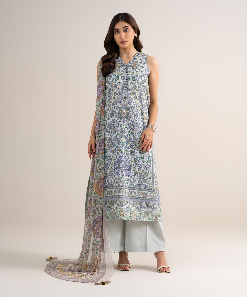 Women's Unstitched Lawn Printed Grey 3 Piece Suit