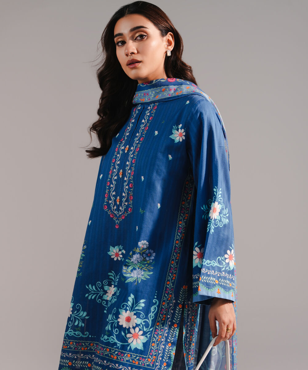 Women's RTW Dobby Printed Dark Blue 3 Piece Suit