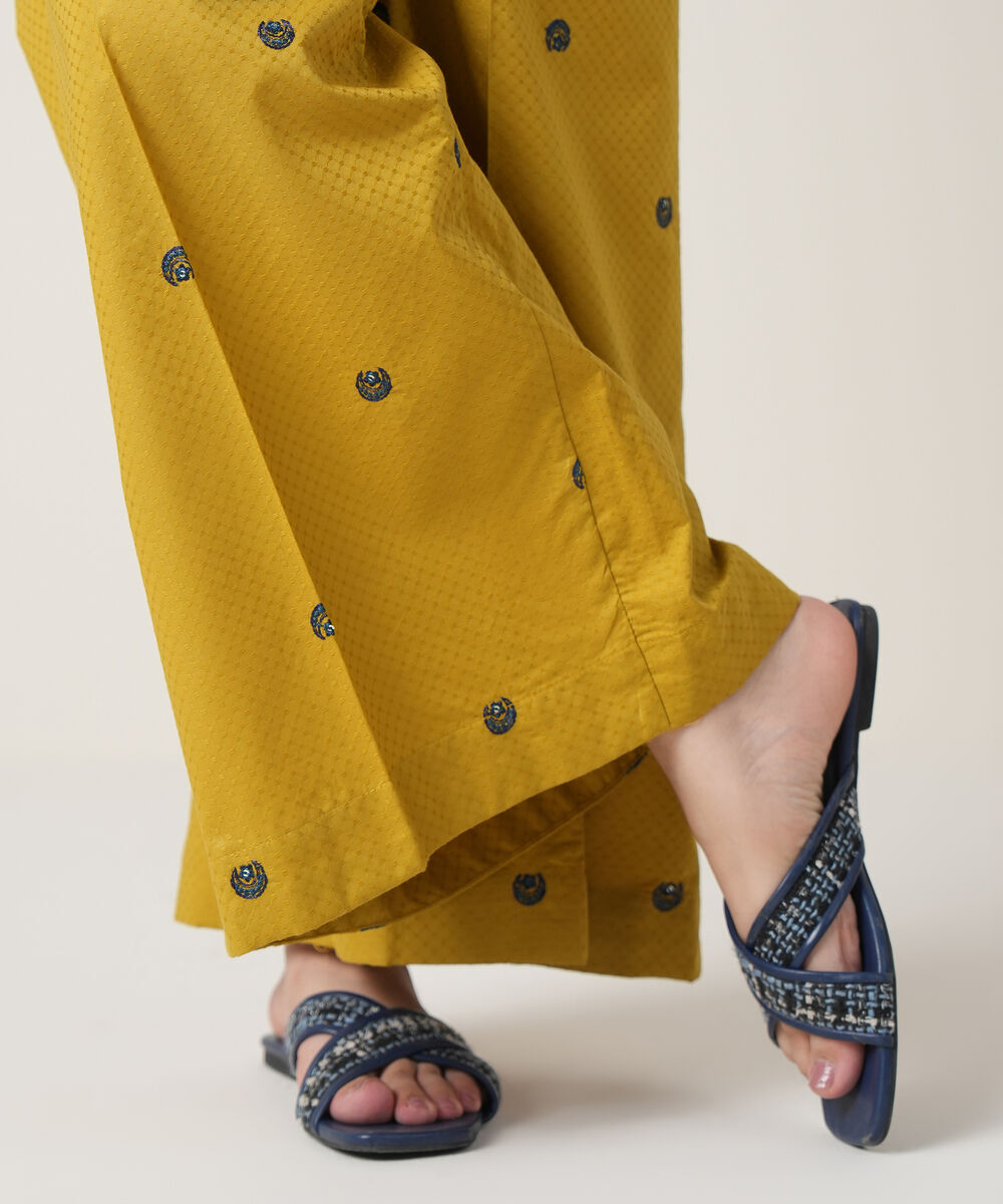 Women's RTW Textured Cotton Yellow Embroidered Trousers