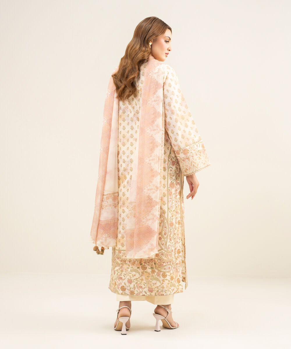 Women's Unstitched Lawn Embroidered Off White and Coral 3 Piece Suit