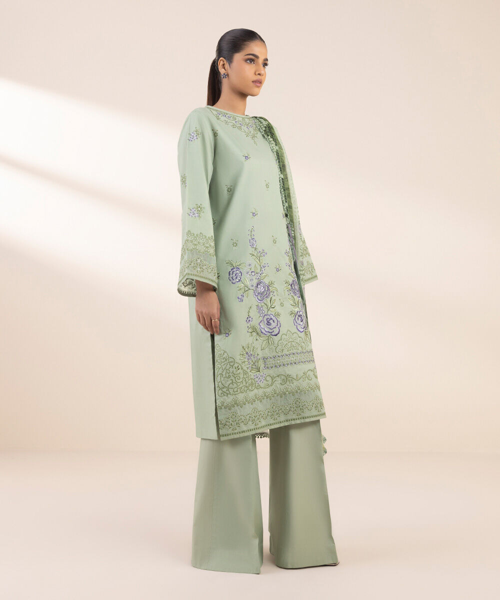 Women's Unstitched Green Cotton 3 Piece Suit