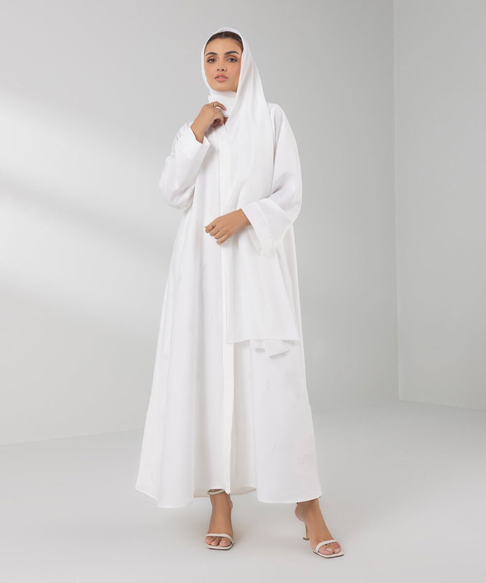 Embroidered Button Through Abaya Set Woman - White Embroidered Button Through Abaya Set