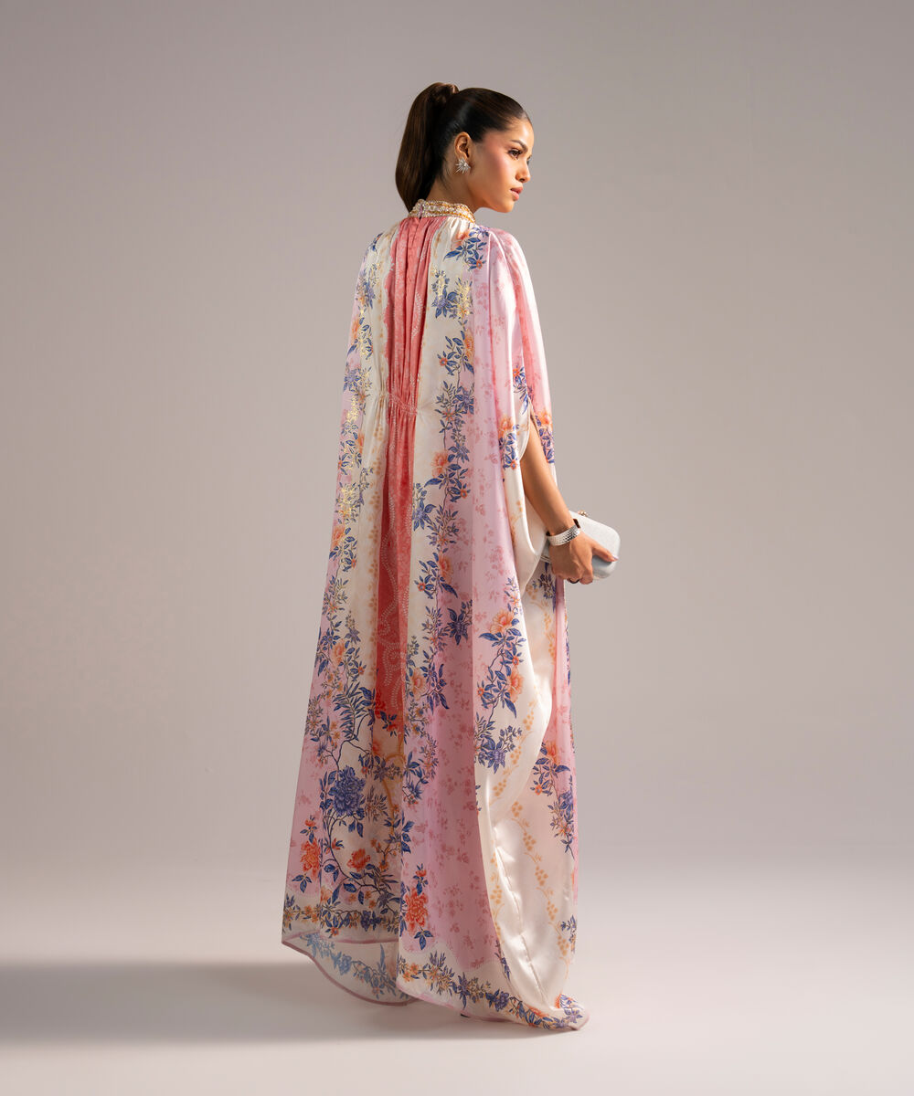 Women's RTW Blended Satin Printed Pink Kaftan