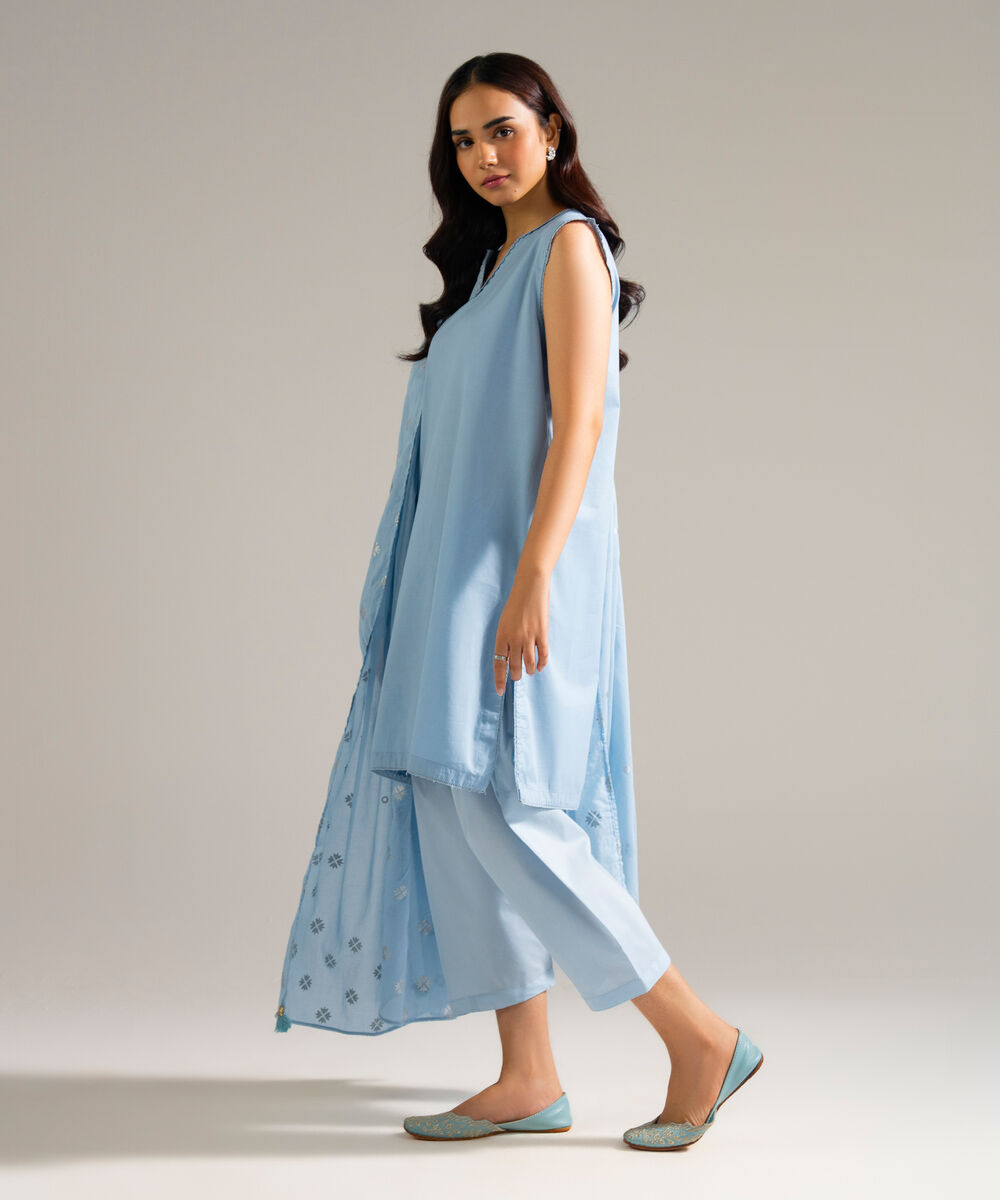 Women's RTW Slub Lawn Solid Blue 3 Piece Suit