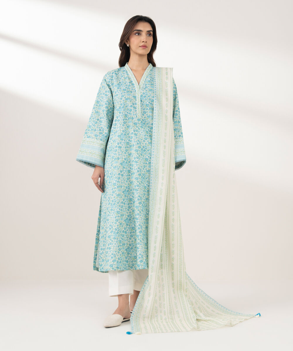Women's Unstitched Cotton Printed Blue 3 Piece Suit