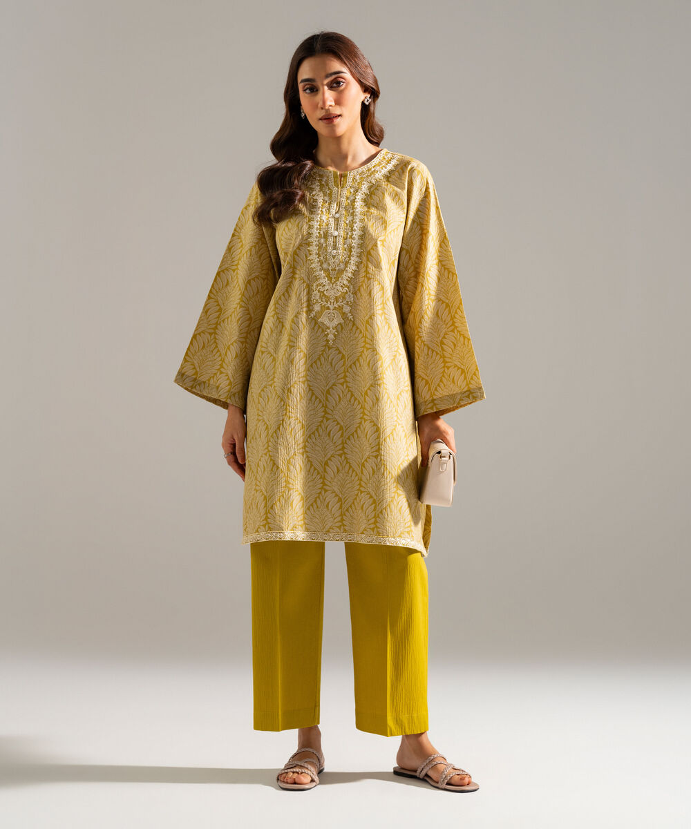 Women's RTW Seersucker Embroidered Yellow 2 Piece Suit
