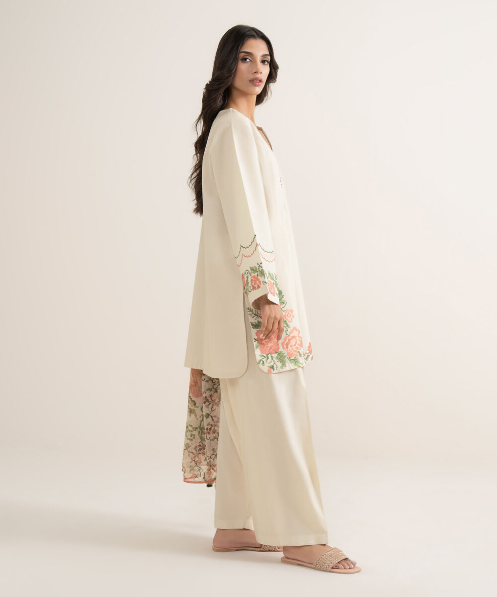 Women's Unstitched Textured Lawn Embroidered Off White 3 Piece Suit