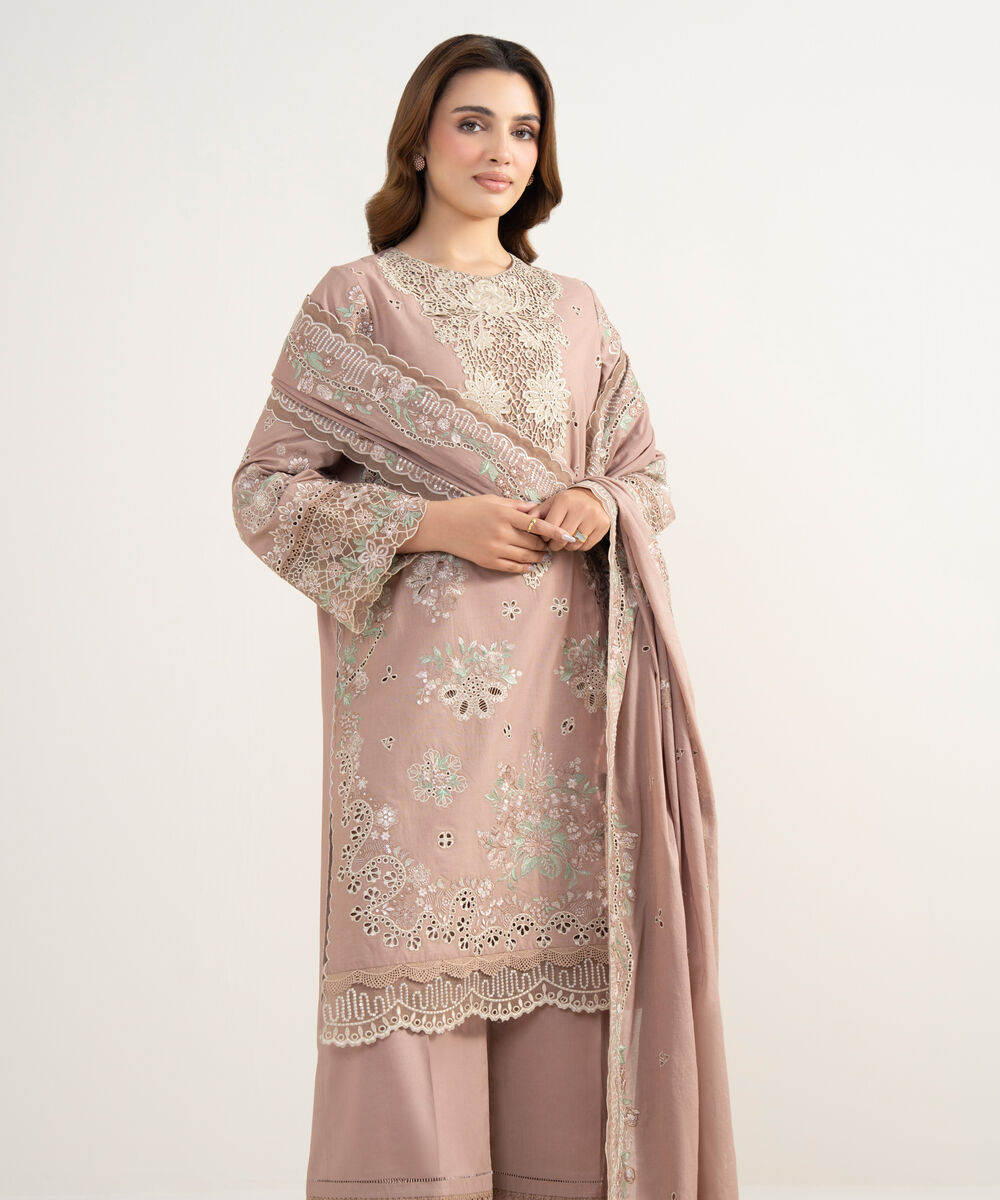 Women's Unstitched Lawn Embroidered Beige 3 Piece Suit