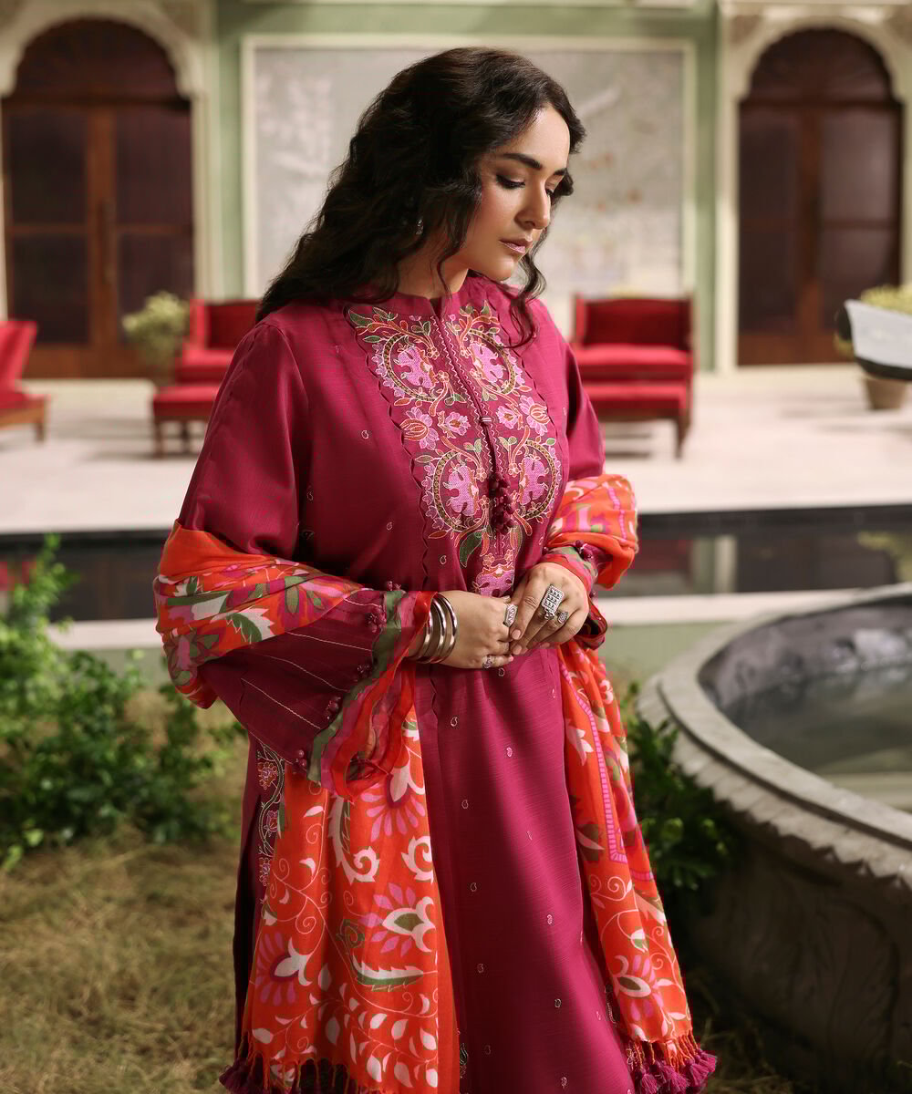 3 Piece - Embroidered Twill Suit Women's Unstitched Twill Embroidered Pink 3 Piece Suit