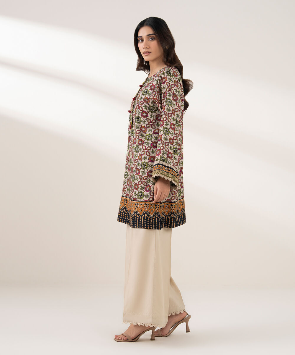 Women's RTW Viscose Linen Printed Straight Beige Shirt