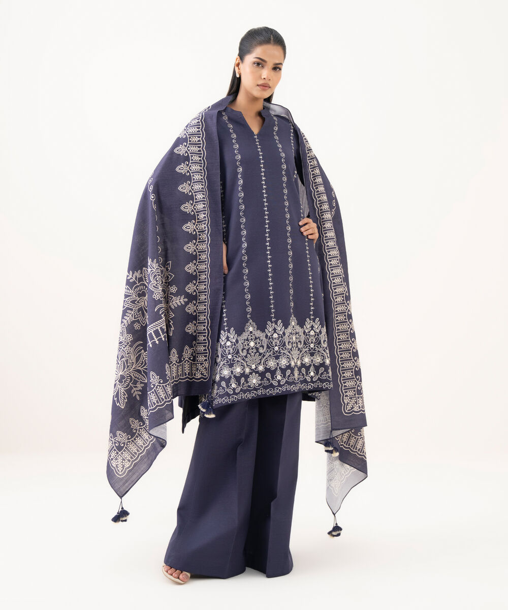 Women's Unstitched Light Khaddar Embroidered Blue 3 Piece Suit