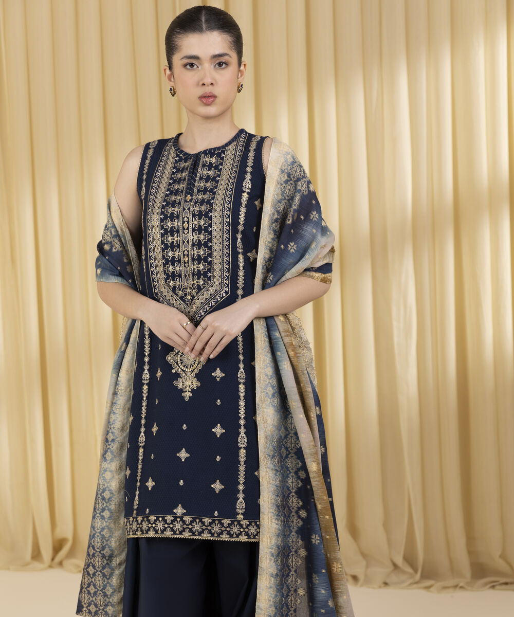 Unstitched Women's Blue Dobby 3 Piece Suit