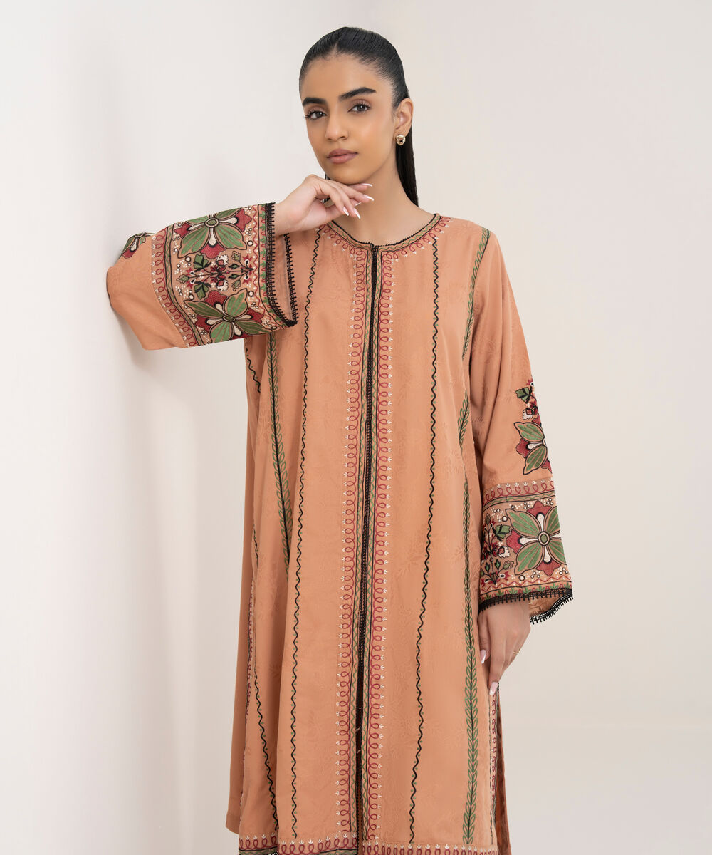 Women's RTW Cotton Jacquard Embroidered Pink Straight Shirt