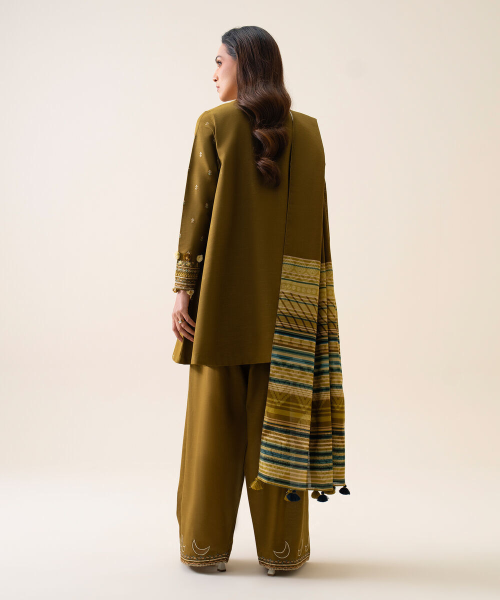 Women's Unstitched Light Khaddar Embroidered Mustard 3 Piece Suit