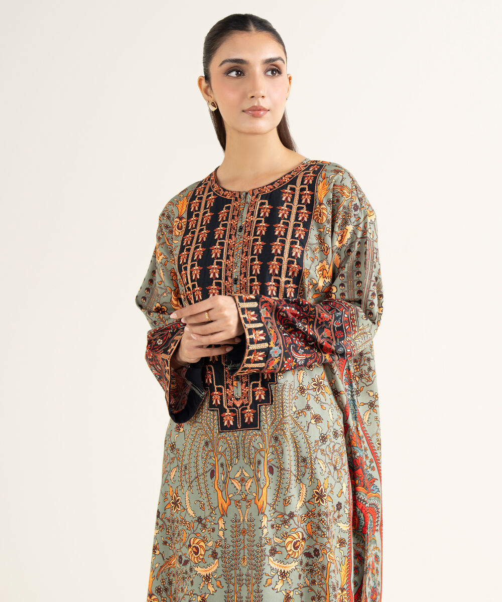 Women's RTW Linen Viscose Embroidered Green Drop Shoulder Shirt