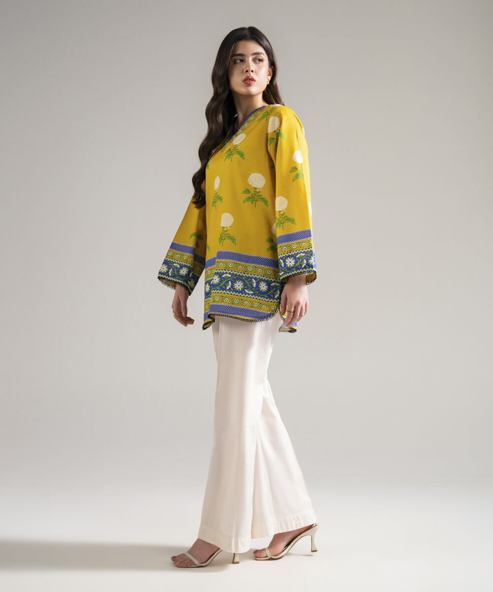 Women's RTW Slub Lawn Printed Mustard Yellow Straight Shirt