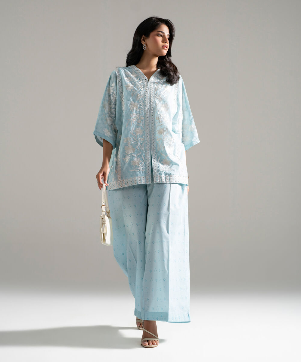 Women's RTW Lawn Embroidered Light Blue 2 Piece Suit