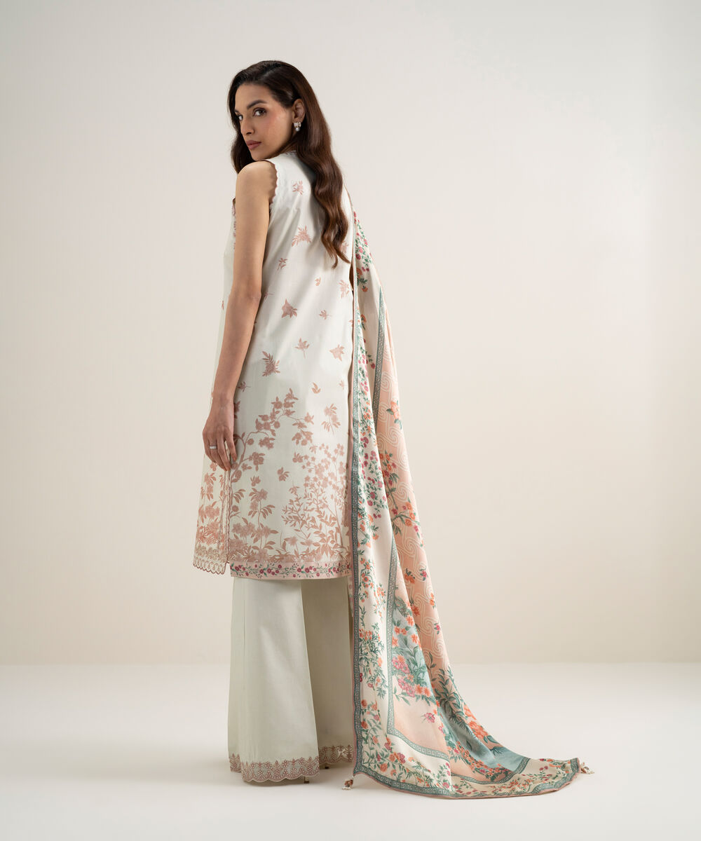 Women's Unstitched Lawn Embroidered Off White 3 Piece Suit