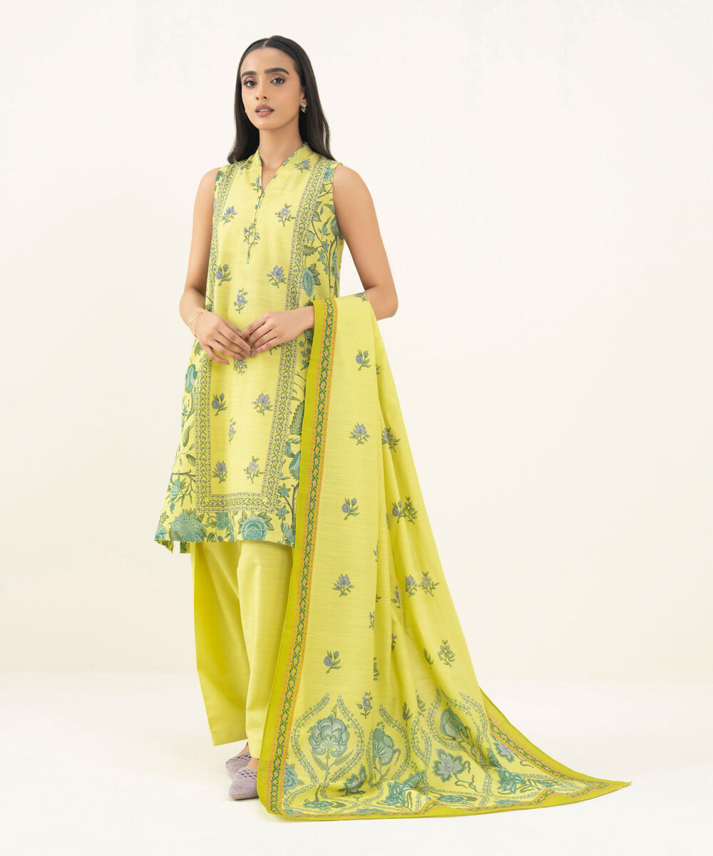 Women's Unstitched Printed Cotton Lime Yellow 3 Piece Suit