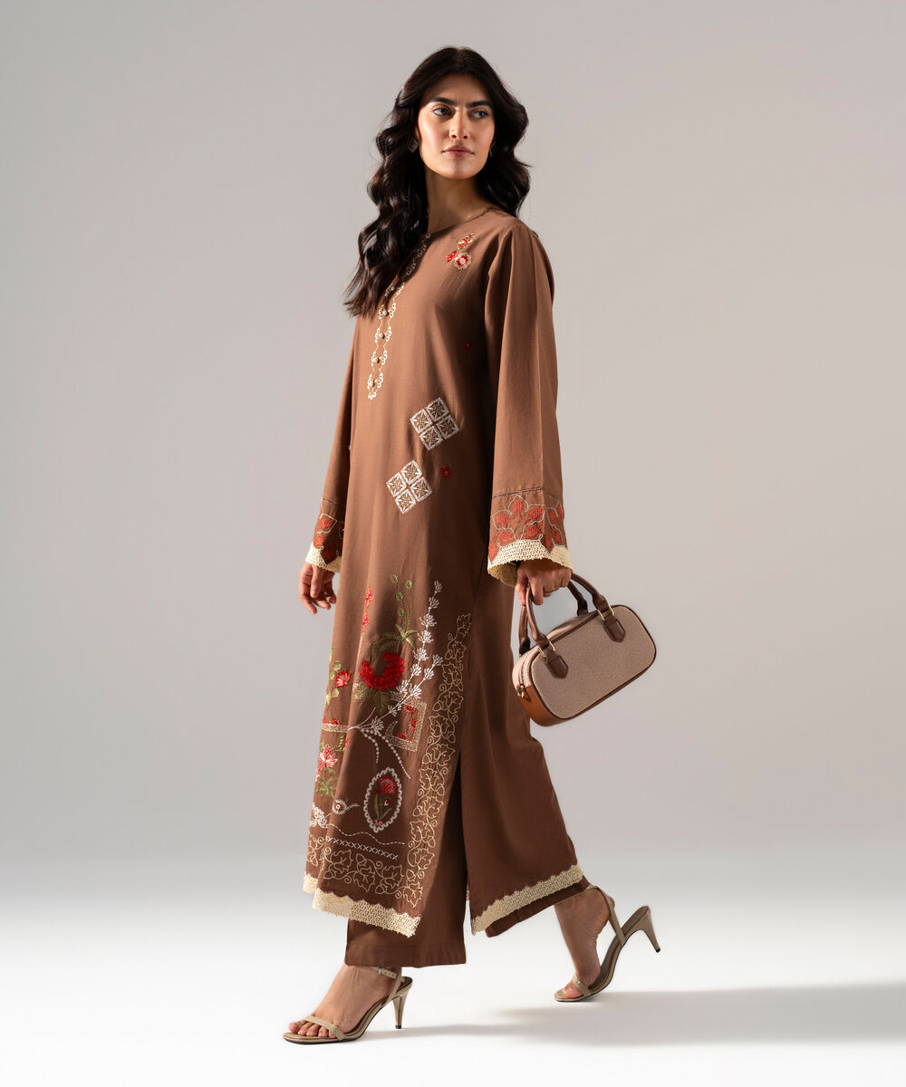 Women's RTW Solid Embroidered Brown Cotton Viscose Shirt