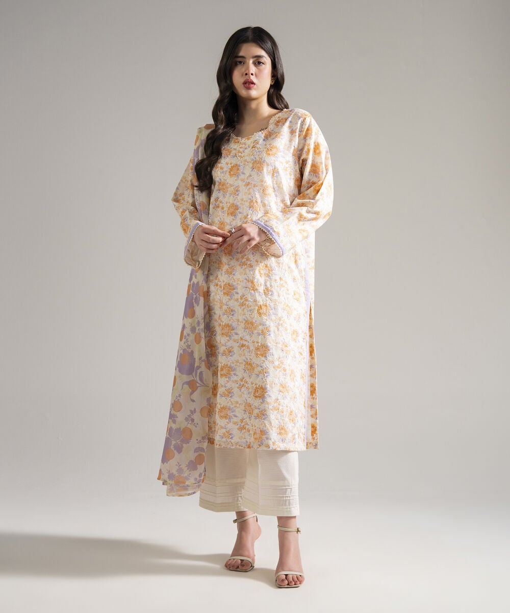 Women's RTW Dobby Embroidered Cream White 3 Piece Suit