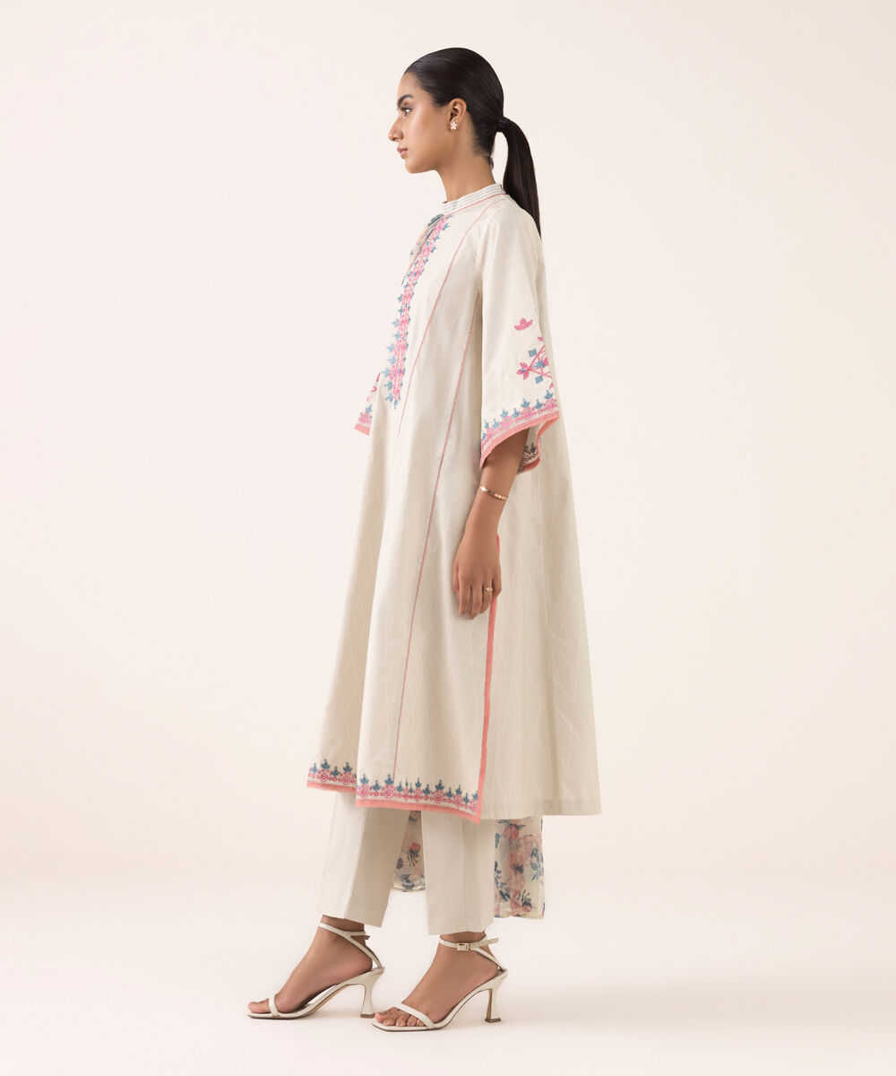 Women's Unstitched Cotton Embroidered Beige Three Piece Suit