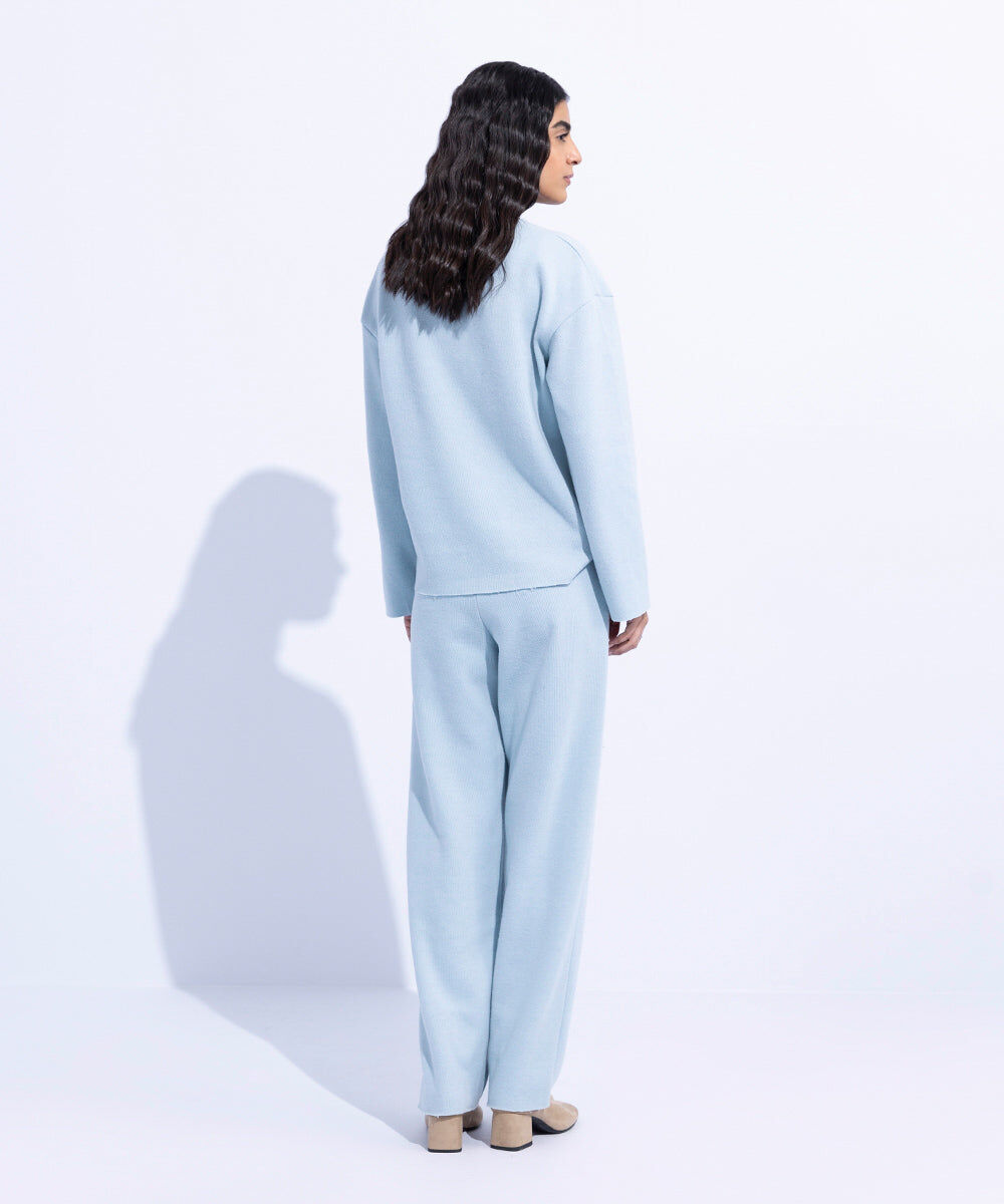 Woman - Blue Ribbed Straight Trousers