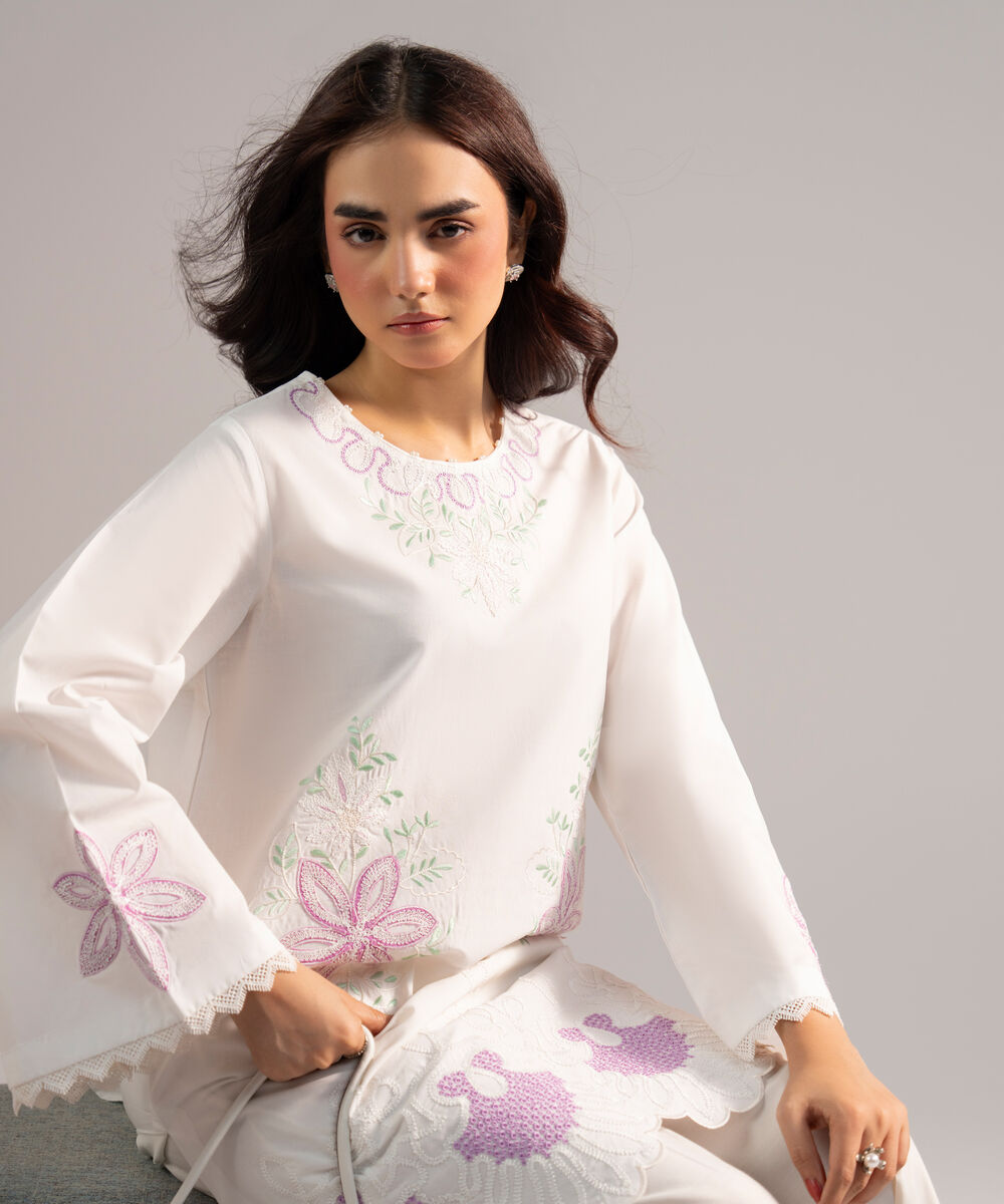 Women's RTW Cambric Embroidered White 2 Piece Suit