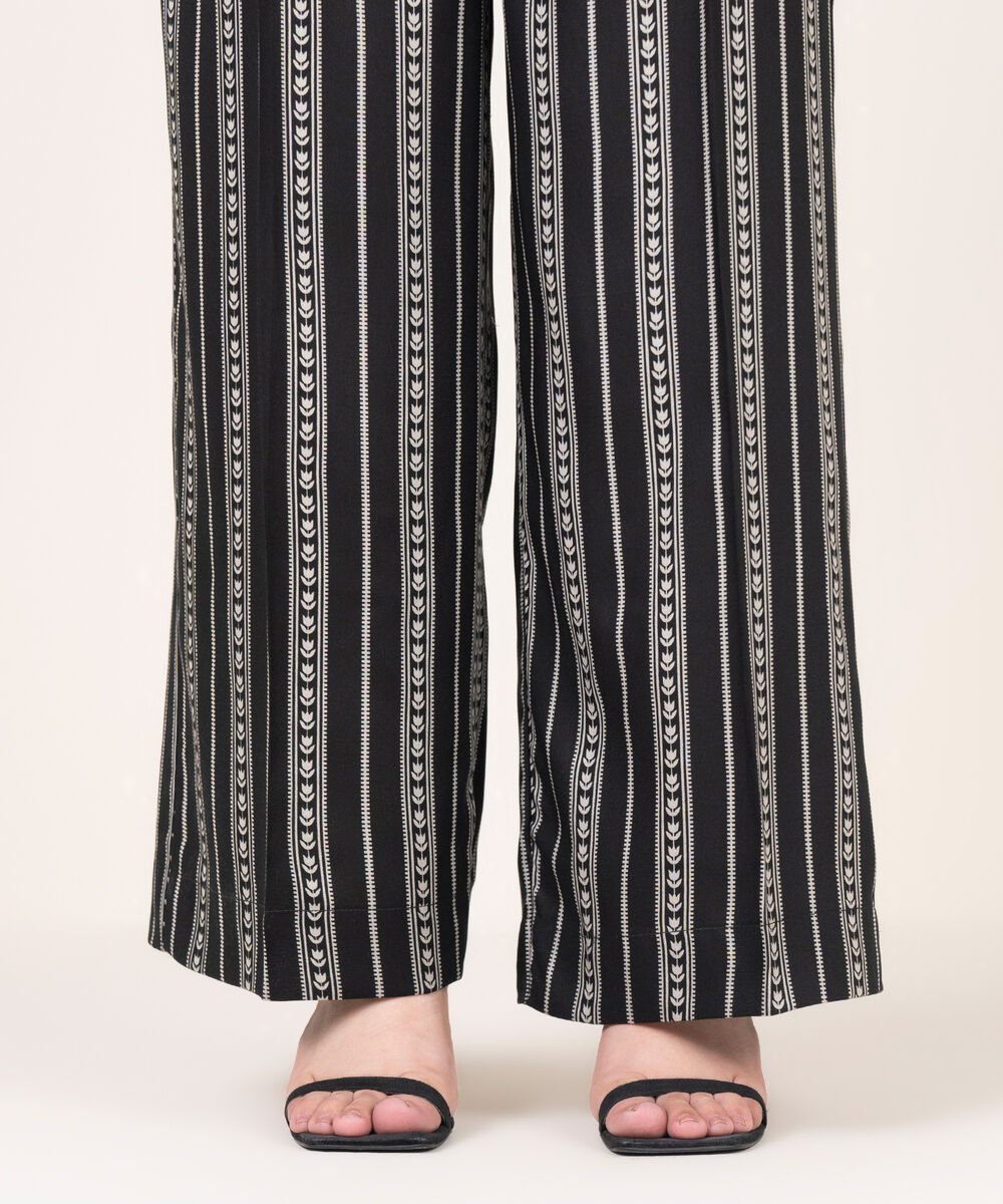 Women's RTW Viscose Linen Printed Black Straight Pants