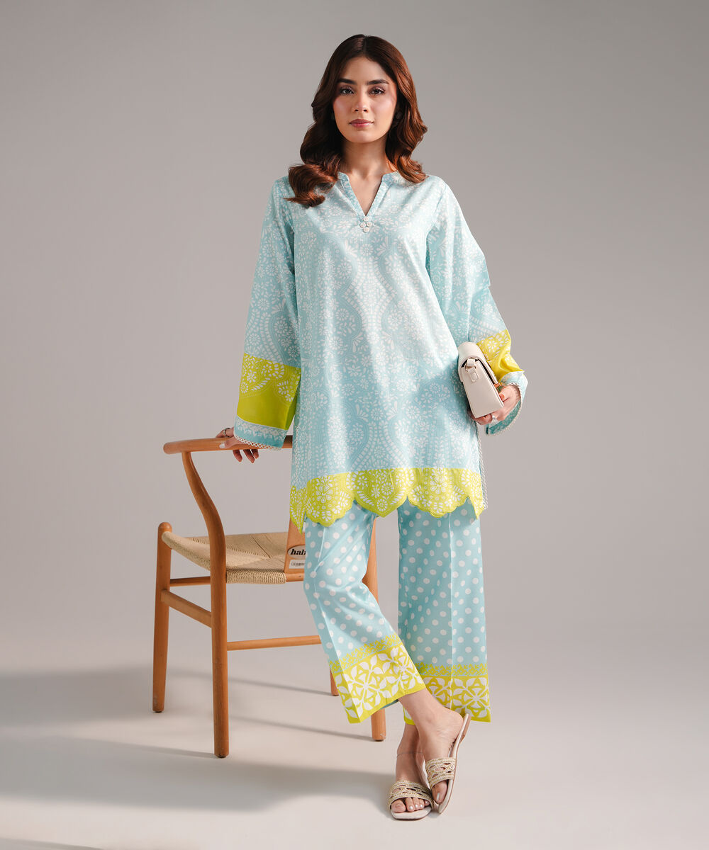 Women's RTW Cambric Printed Light Blue Straight Shirt