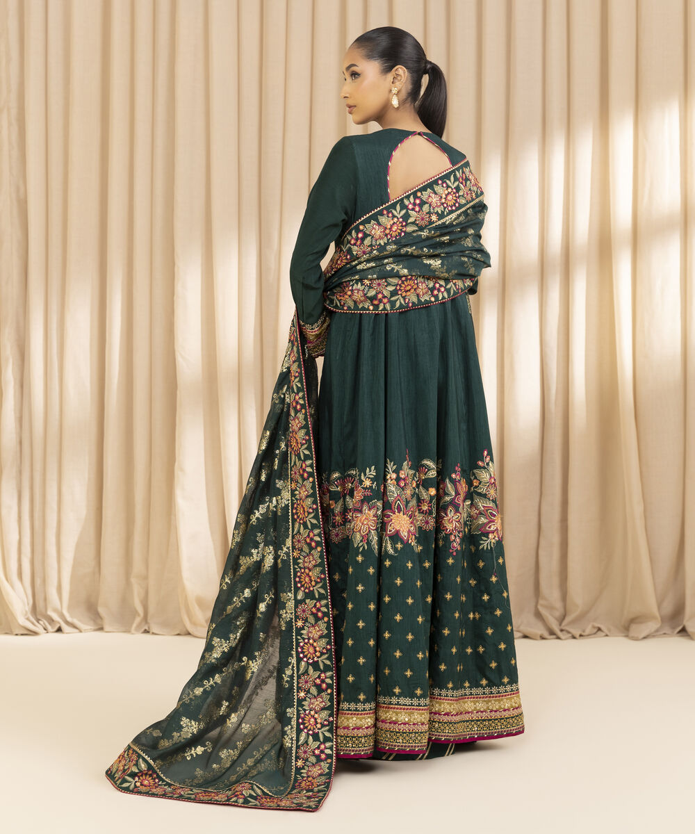 Unstitched Women's Green Raw Silk 3 Piece Suit