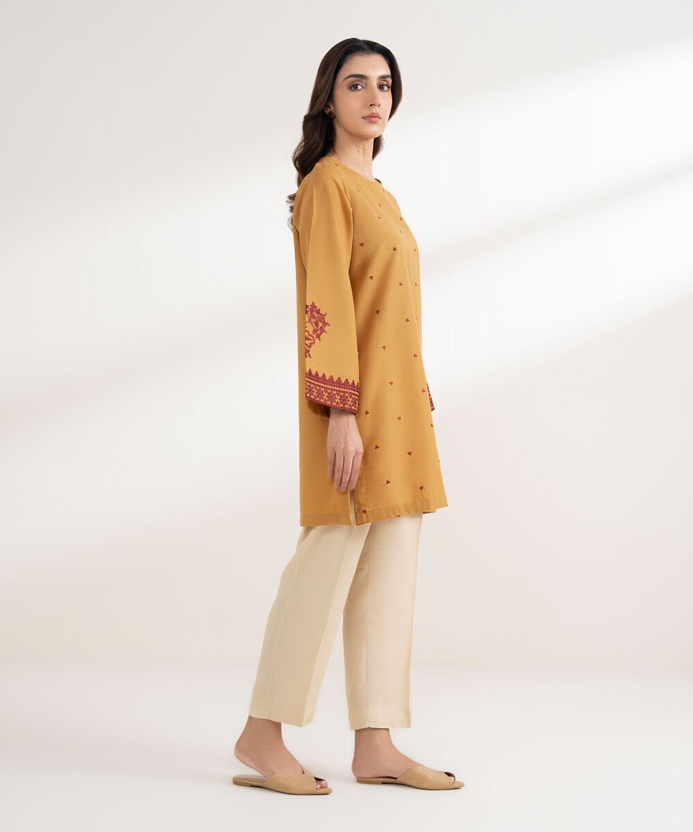 Women's RTW Khaddar Embroidered Straight Mustard Shirt