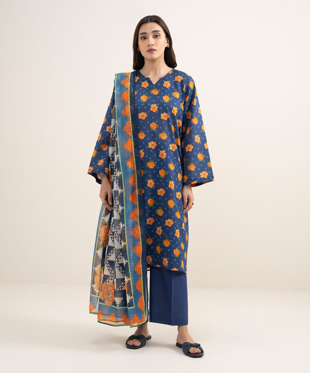 Women's RTW Slub Lawn Printed Dark Blue 3 Piece Suit