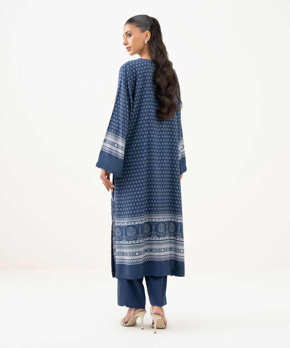 Women's RTW Viscose Linen Printed Blue A-Line Shirt