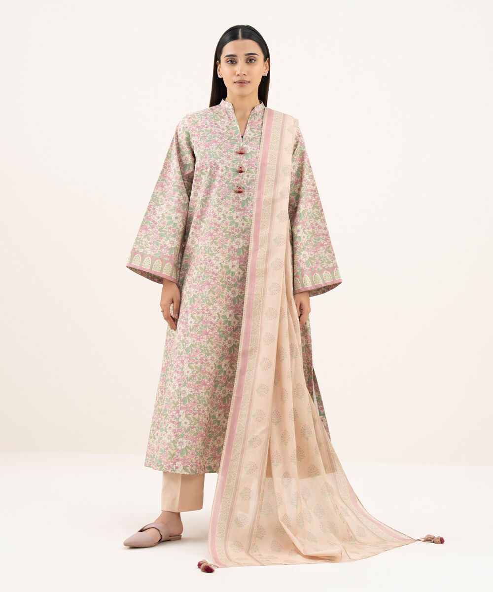 Women's Unstitched Cotton Printed Pink 3 Piece Suit