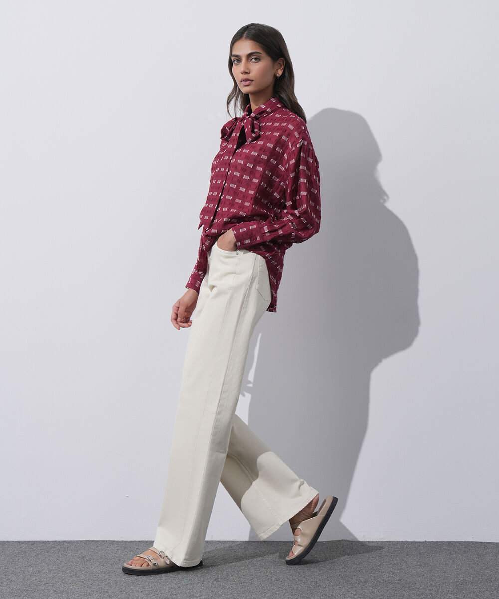 Women's Western Wear Red Textured Shirt With Knot Detail