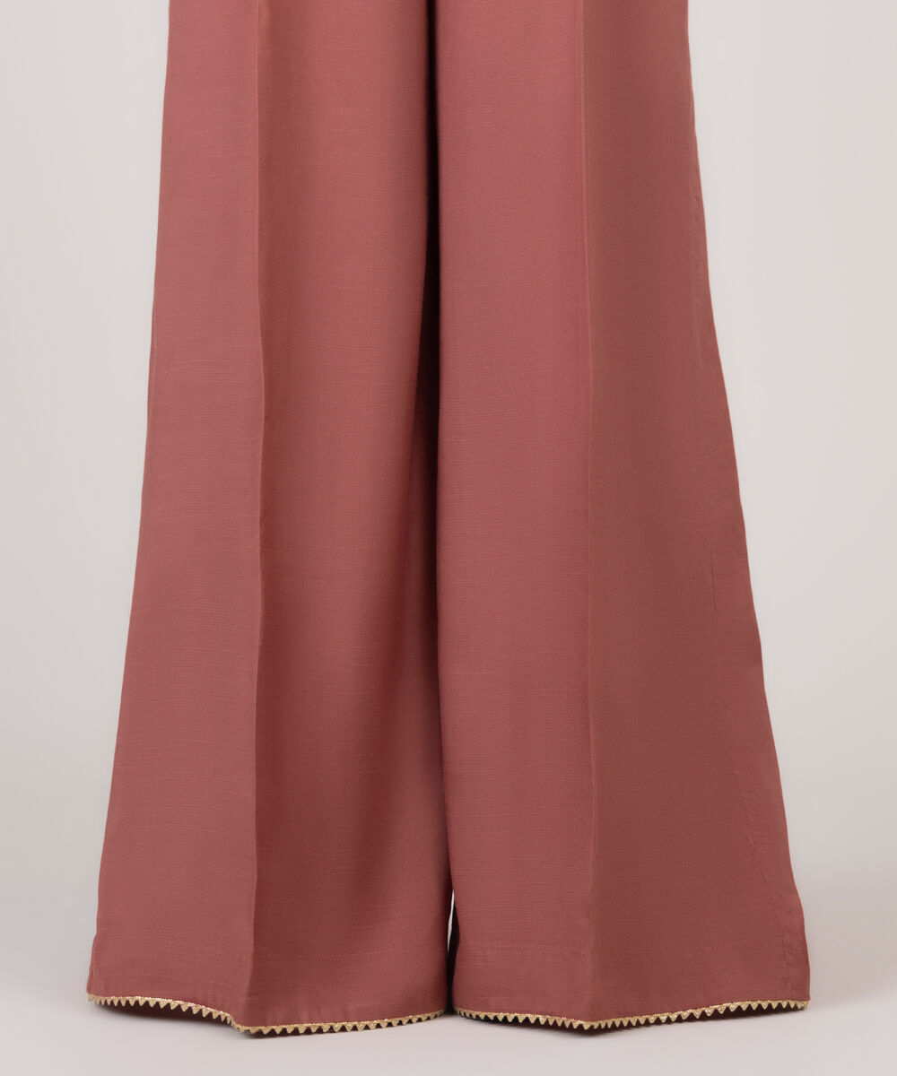 Women's RTW Viscose Raw Silk Pink Solid Flared Pants