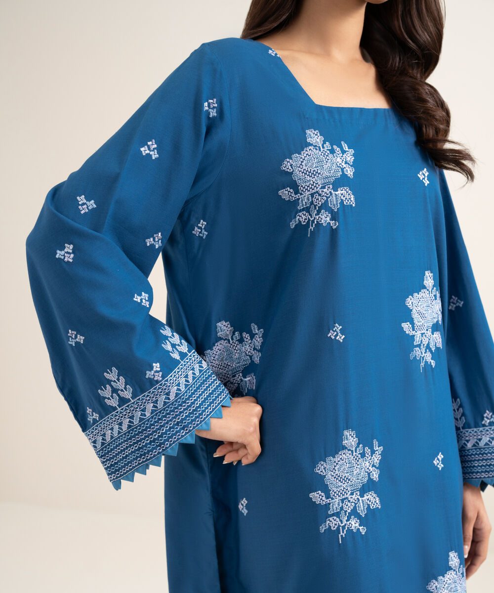 Women's RTW Cotton Viscose Embroidered Blue Straight Shirt