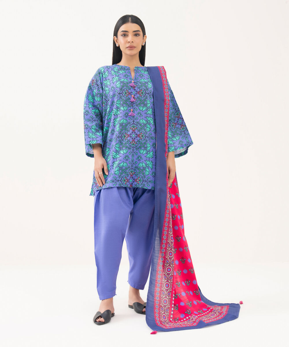 Women's RTW Light Khaddar Printed Purple Drop Shoulder Shirt