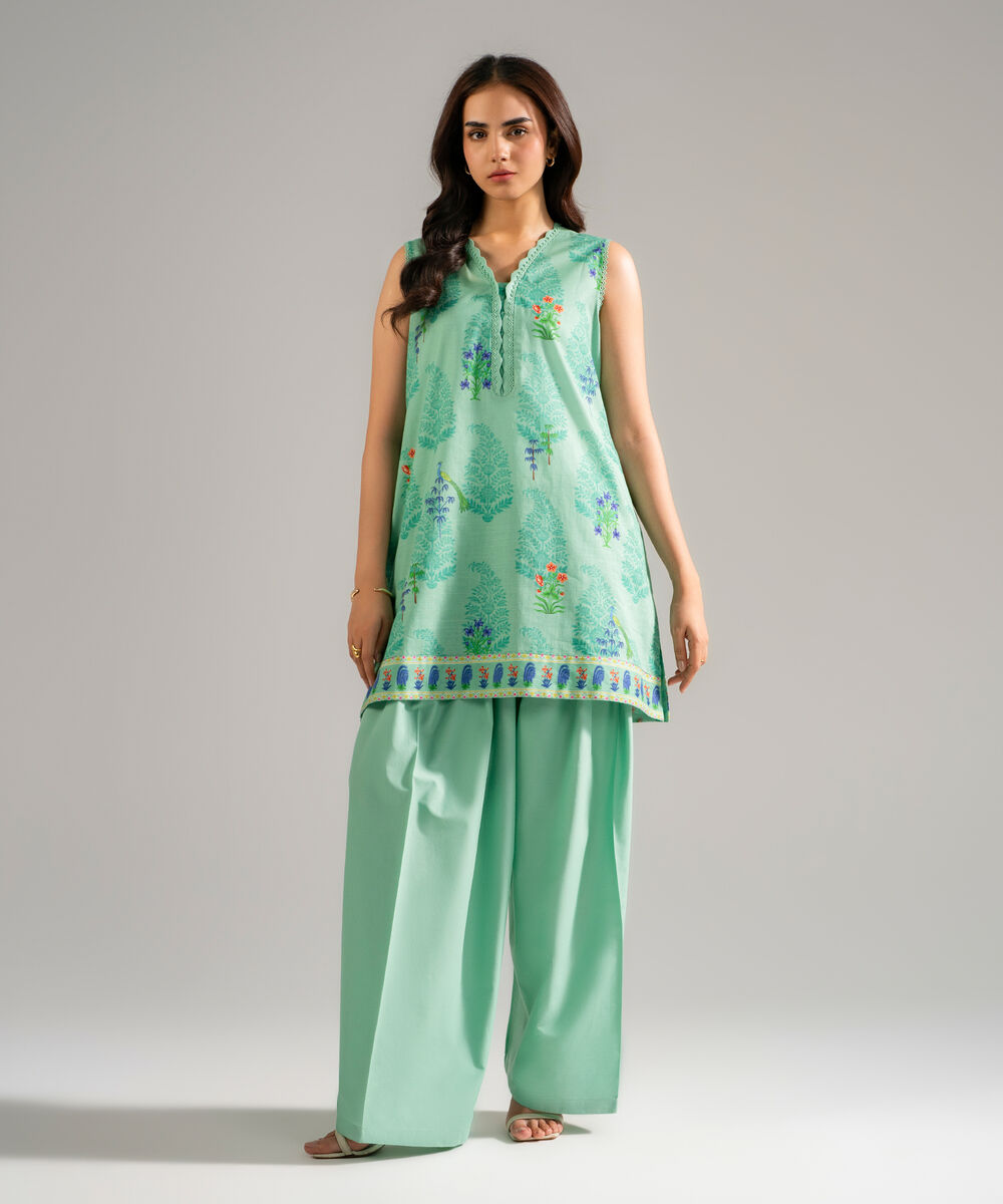 Women's RTW Slub Lawn Printed Seafoam Green Straight Shirt