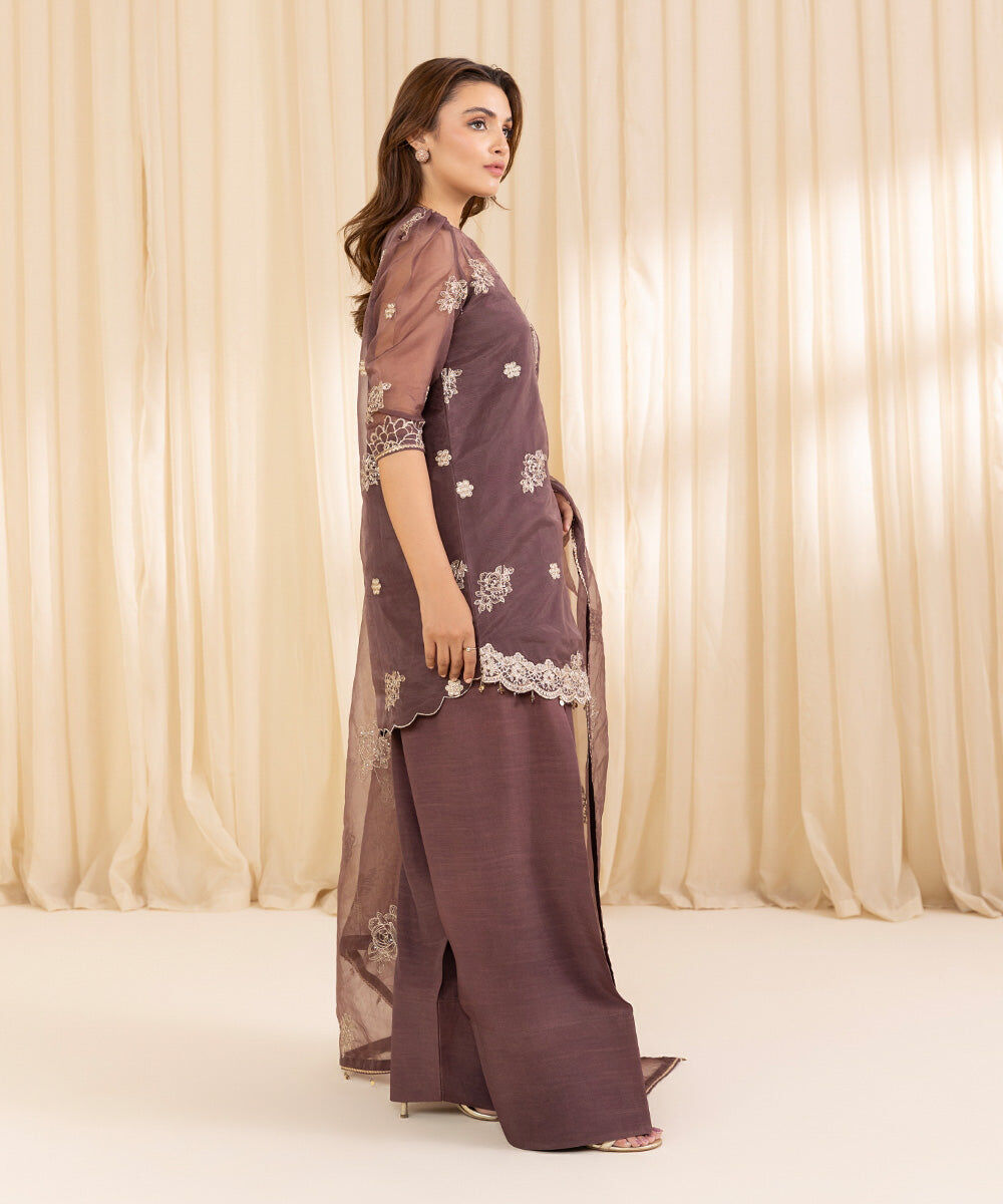 Women's Unstitched Coffee Brown Blended Organza Three Piece Suit