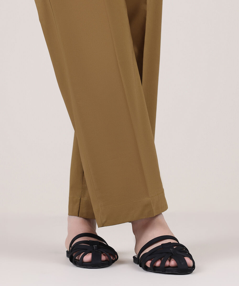 Women's RTW Cambric Brown Solid Straight Pants